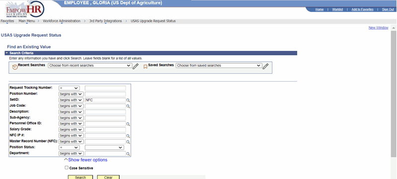 USAS Upgrade Request Status Page - Find an Existing Value Search Criteria Page